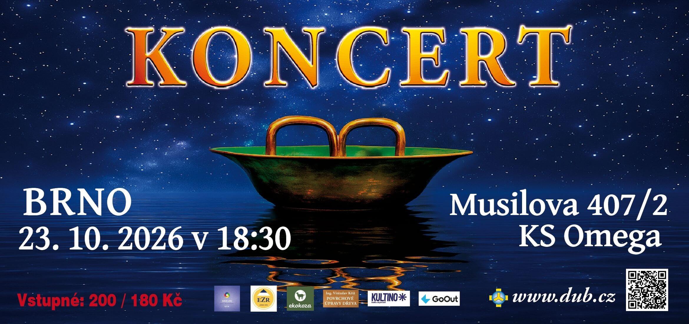 Reklamní banner meditačního koncertu Vodnářského zvonu s Tomášem Pfeifferem v sále Lidového domu na Musilce v Brně. KULTINO*