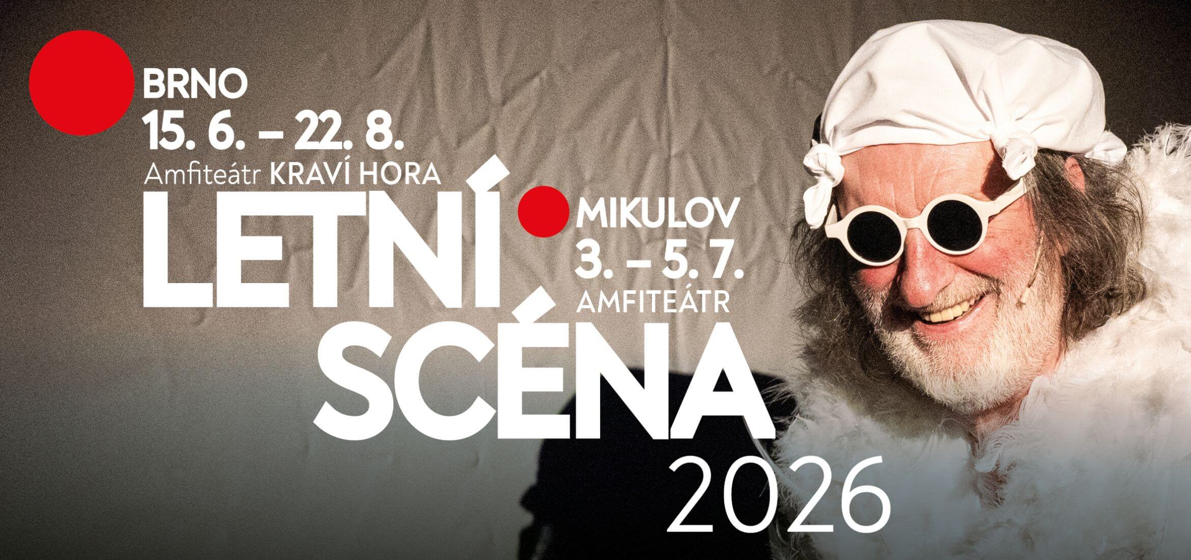 Informační banner k divadelní události Letní scéna 2026, Divadlo Bolka Polívky, amfiteátr na Kraví hoře v Brně a amfiteátr v Mikulově. KULTINO*