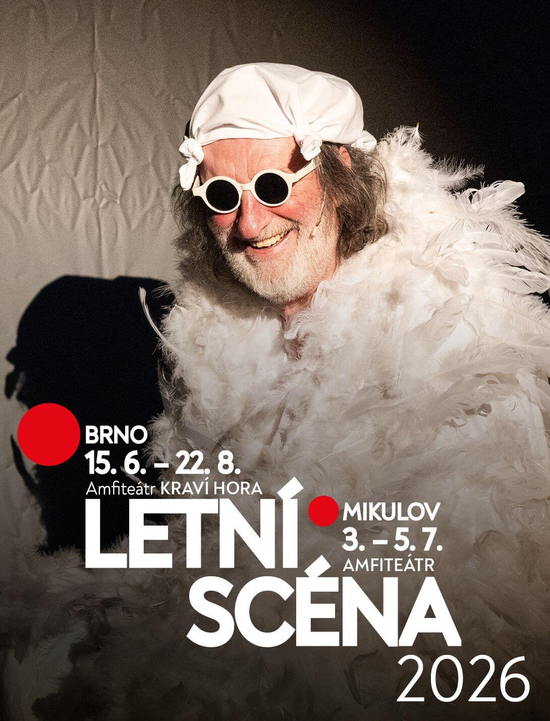 Informační banner k divadelní události Letní scéna 2026, Divadlo Bolka Polívky, amfiteátr na Kraví hoře v Brně a amfiteátr v Mikulově. KULTINO*