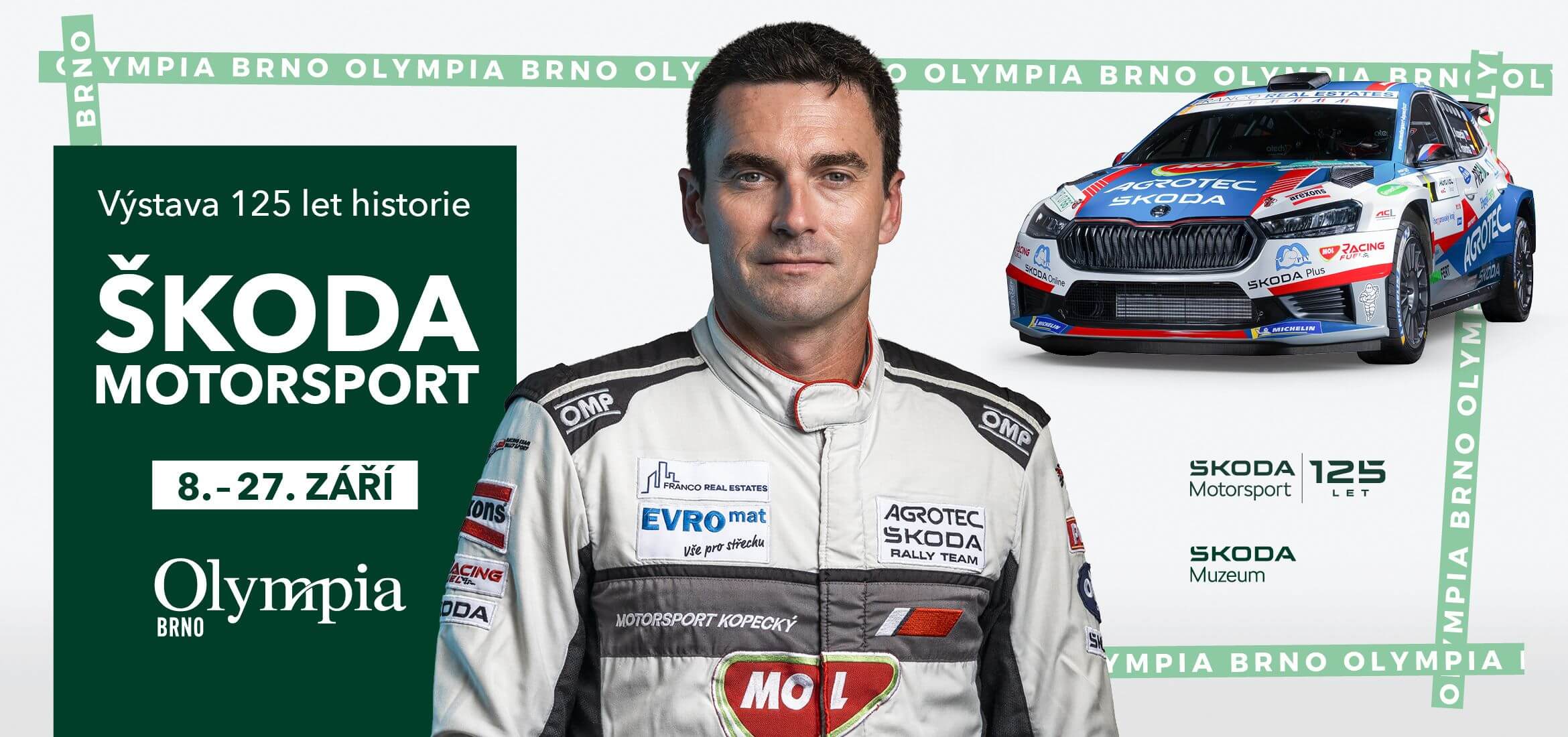 Banner k výstavě 125 let historie Škoda motorsport 2026 v Olympia Brno. KULTINO*
