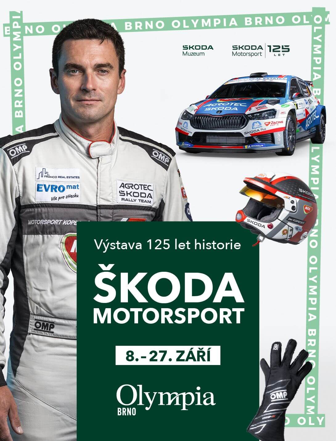 Banner k výstavě 125 let historie Škoda motorsport 2026 v Olympia Brno. KULTINO*