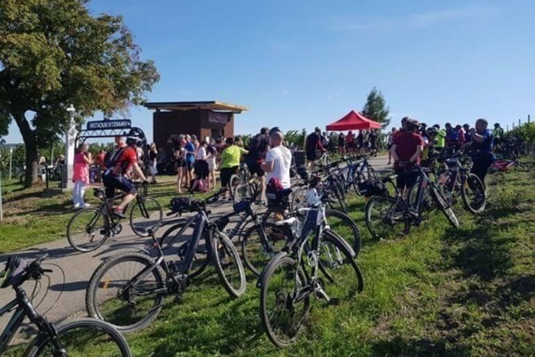 Slunečný den na akci Putování za burčákem po Modrých Horách. Skupina cyklistů s koly odpočívá a debatuje u venkovního stanoviště obklopeného malebnými vinohrady. KULTINO*