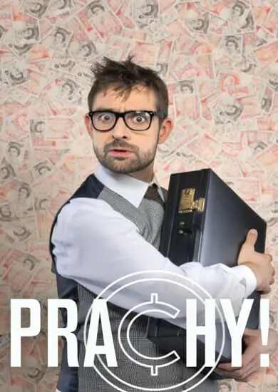 Herec s brýlemi a kufříkem na plakátu frašky Prachy! Raye Cooneyho v Městském divadle Brno. KULTINO*