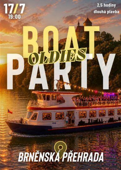 Letní taneční retro party Boat Party: Oldies Edition na lodi uprostřed Brněnské přehrady při západu slunce, hraje DJ Cringeszpin. KULTINO*