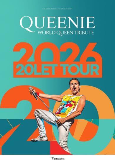 Jubilejní rockový koncert kapely QUEENIE v rámci 20 let Tour 2026, zpěvák Michael Kluch v roli Freddieho Mercuryho předvádí stadionovou show s hity Queen. KULTINO*
