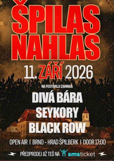 Rockový open-air koncert Špilas nahlas 2026 na letní scéně hradu Špilberk v Brně, vystoupení kapel Seykory, Divá Bára a Black Row. KULTINO*