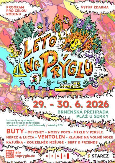 Letní open-air festival Léto na Prýglu 2026 na pláži Brněnské přehrady, koncerty kapel Buty a Ventolin se sportovními aktivitami pro děti. KULTINO*
