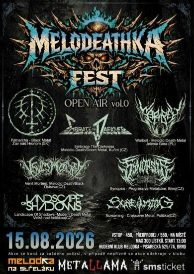 Koncert tvrdé metalové hudby pod širým nebem na venkovní scéně klubu Melodka na Střeláku v Brně během nultého ročníku Melodeathka Open Air Festu. KULTINO*