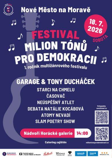 Koncerty rockových kapel a společenská diskuse na nádvoří Horácké galerie během festivalu Milion tónů pro demokracii v Novém Městě na Moravě. KULTINO*