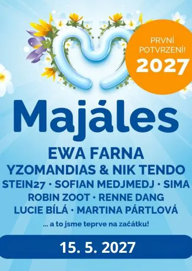 Plakát Majálesu 2027 se jmény prvních potvrzených interpretů, mezi nimi Ewa Farna, Yzomandias a Lucie Bílá. KULTINO*