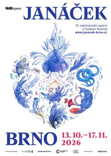 Plakát 10. ročníku festivalu Janáček Brno s ilustracemi inspirovanými Janáčkovými operami, které dohromady tvoří motiv srdce. KULTINO*