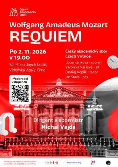 Červený plakát koncertu Mozartovo Requiem s Českým akademickým sborem v řadách pod varhanami, dirigent Michal Vajda. KULTINO*