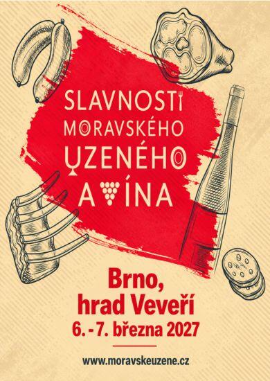Plakát Slavností moravského uzeného s kresbami šunky, klobásy, žeber a láhve vína kolem červeného nápisu, akce na hradě Veveří v Brně. KULTINO*
