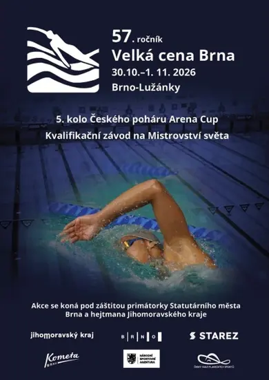 Plavec při kraulu na plakátu 57. ročníku Velké ceny Brna v plavání, 5. kola Českého poháru Arena Cup na bazénech Lužánky. KULTINO*