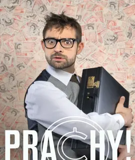 Herec s brýlemi a kufříkem na plakátu frašky Prachy! Raye Cooneyho v Městském divadle Brno. KULTINO*