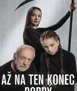 Děda, vnučka a žena s kosou na plakátu inscenace Až na ten konec dobrý podle románu Pavla Tomeše v Městském divadle Brno. KULTINO*