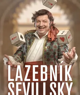 Plakát inscenace Lazebník sevillský Městského divadla Brno: usměvavý Figaro v pestré vestě a kolem něj létají hrací kostky. KULTINO*