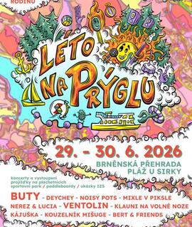 Letní open-air festival Léto na Prýglu 2026 na pláži Brněnské přehrady, koncerty kapel Buty a Ventolin se sportovními aktivitami pro děti. KULTINO*