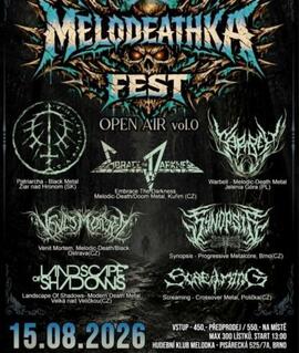 Koncert tvrdé metalové hudby pod širým nebem na venkovní scéně klubu Melodka na Střeláku v Brně během nultého ročníku Melodeathka Open Air Festu. KULTINO*