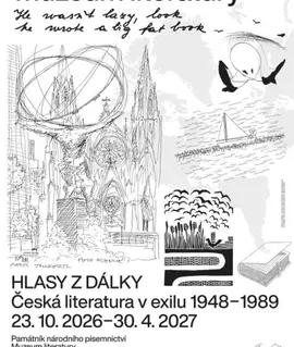 Plakát výstavy Hlasy z dálky o české literatuře v exilu s kresbou katedrály, plachetnicí a otevřenou knihou. Muzeum literatury v Praze. KULTINO*