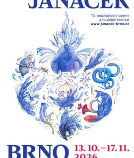 Plakát 10. ročníku festivalu Janáček Brno s ilustracemi inspirovanými Janáčkovými operami, které dohromady tvoří motiv srdce. KULTINO*