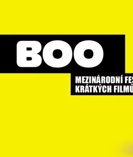 Žlutý plakát s černým nápisem BOO a textem Mezinárodní festival krátkých filmů, 2. ročník festivalu krátkých filmů v Praze. KULTINO*