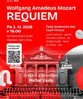 Červený plakát koncertu Mozartovo Requiem s Českým akademickým sborem v řadách pod varhanami, dirigent Michal Vajda. KULTINO*