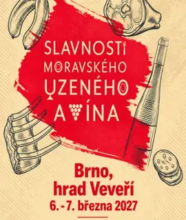 Plakát Slavností moravského uzeného s kresbami šunky, klobásy, žeber a láhve vína kolem červeného nápisu, akce na hradě Veveří v Brně. KULTINO*