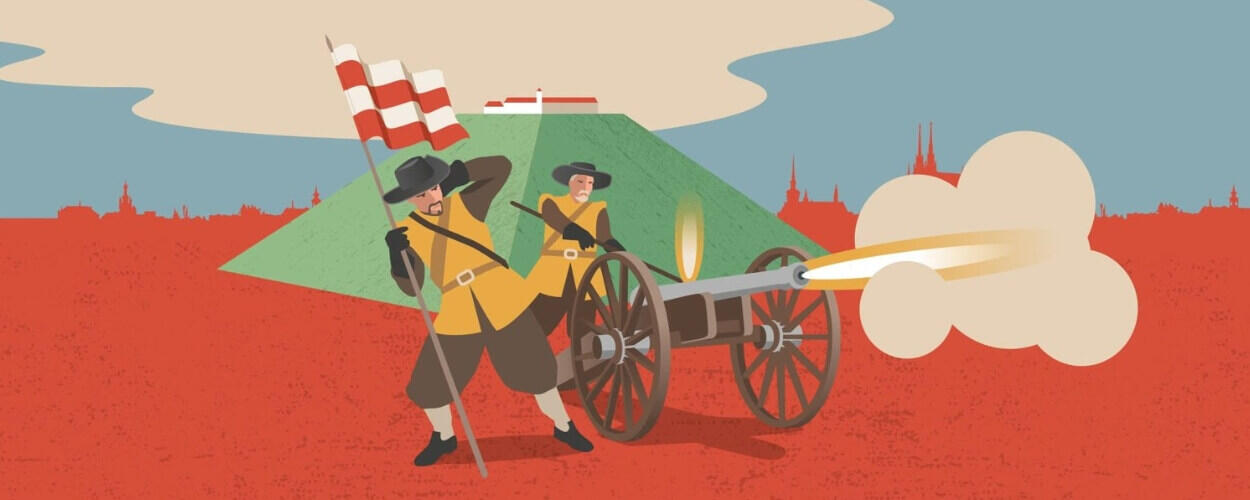 Historická rekonstrukce bitvy na Kraví hoře u příležitosti akce Den Brna. Vojáci v dobových uniformách pálí z děl a připomínají obléhání města Švédy v roce 1645. KULTINO*