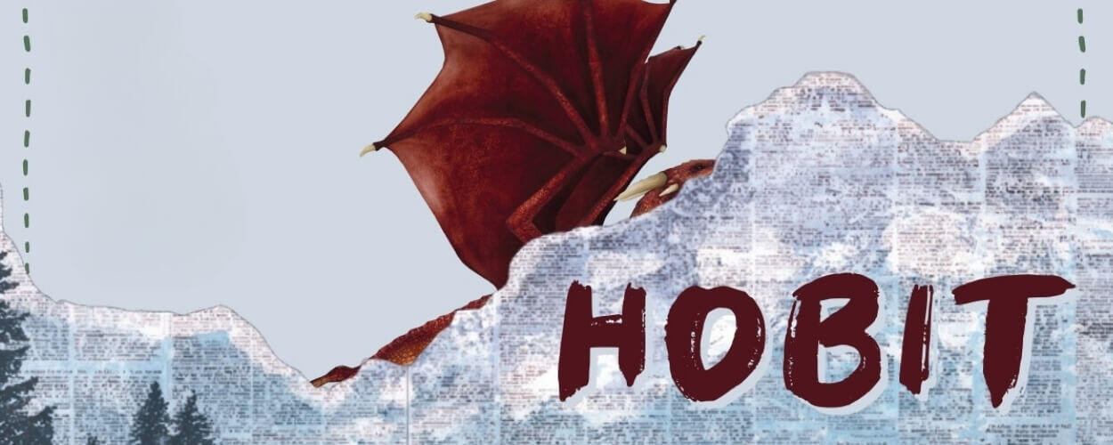 Podzimní premiéra přestavení HOBIT v Divadle Radost. Originální kolážová ilustrace s červeným drakem Šmakem, který vykukuje zpoza horského masivu. KULTINO*