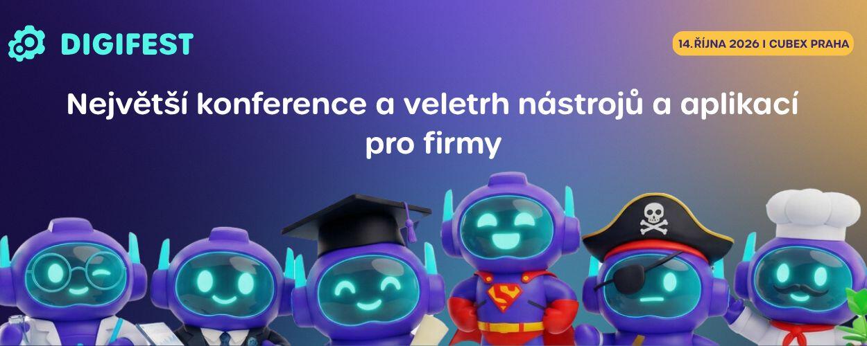 Oficiální banner 5. ročníku festivalu Digifest 2026 v pražském Cubexu s motivem AI robotů představující největší veletrh firemních aplikací. KULTINO*