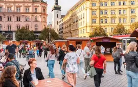 Premiérové burčákové slavnosti na náměstí Svobody v Brně. Skupinky lidí si u dřevěných stánků v historickém centru města s úsměvem užívají první letošní burčák. KULTINO*