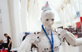Bílý humanoidní robot s papírovou čepicí a modrou šňůrkou na krku mává mezi stánky makerů na festivalu Maker Faire Brno. KULTINO*